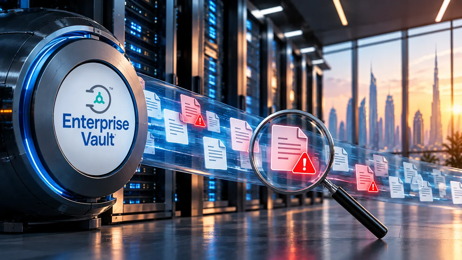 Magnifying glass over Enterprise Vault items flowing from the vault, with failed items flagged in red