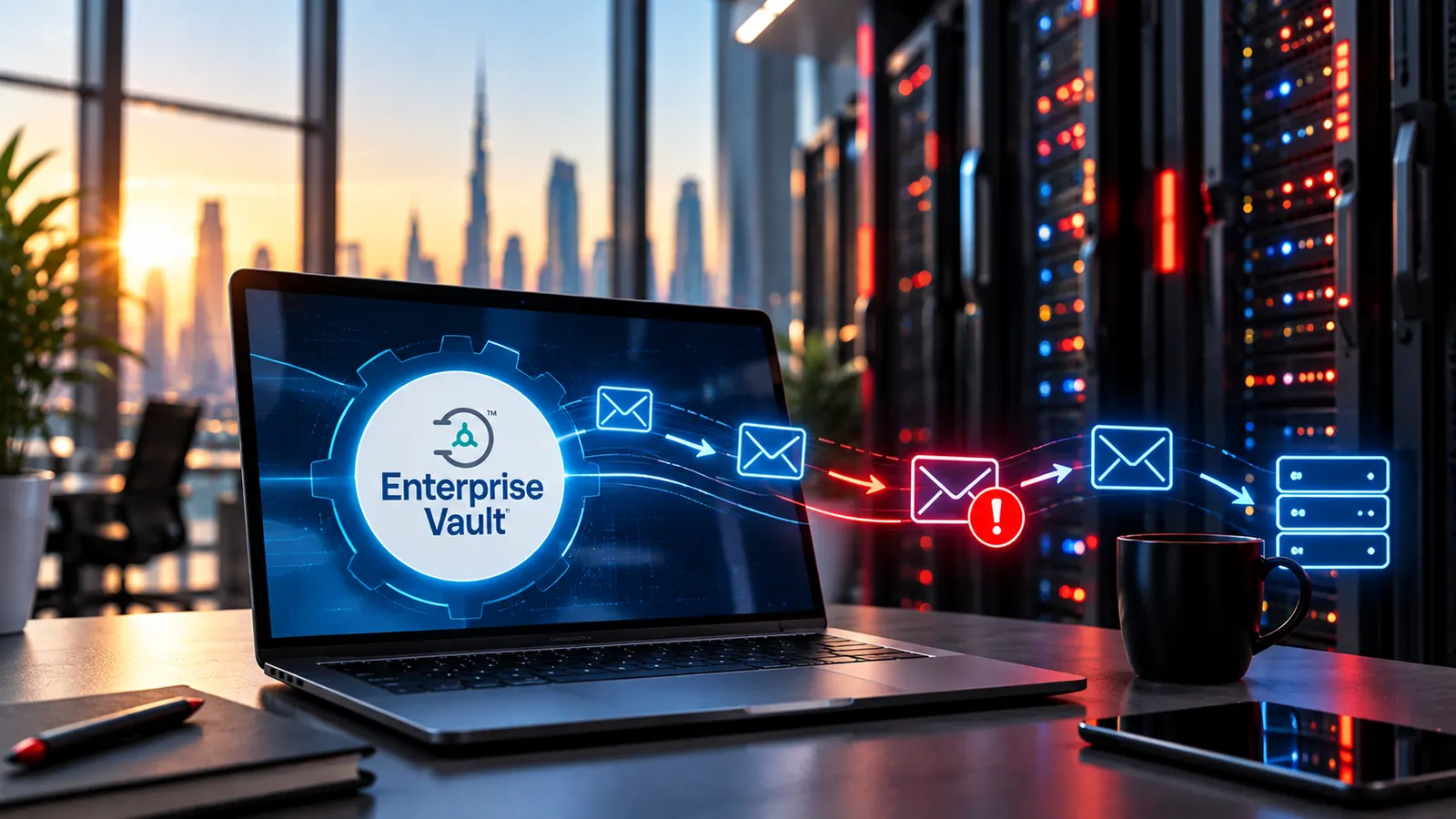 Laptop showing Enterprise Vault messages moving through a queue, with one message flagged with an error