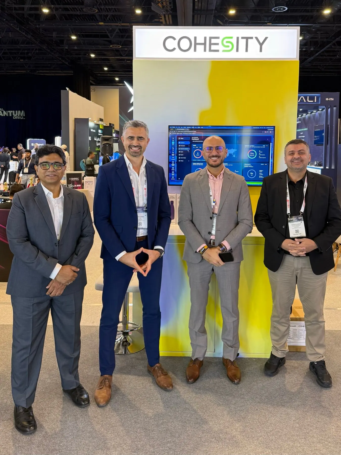 Virgil Dobos and Abdul Razack of Virtech with Karim Hamdy and Yamen Alahmad of Cohesity at the Cohesity stand, GISEC Global 2026