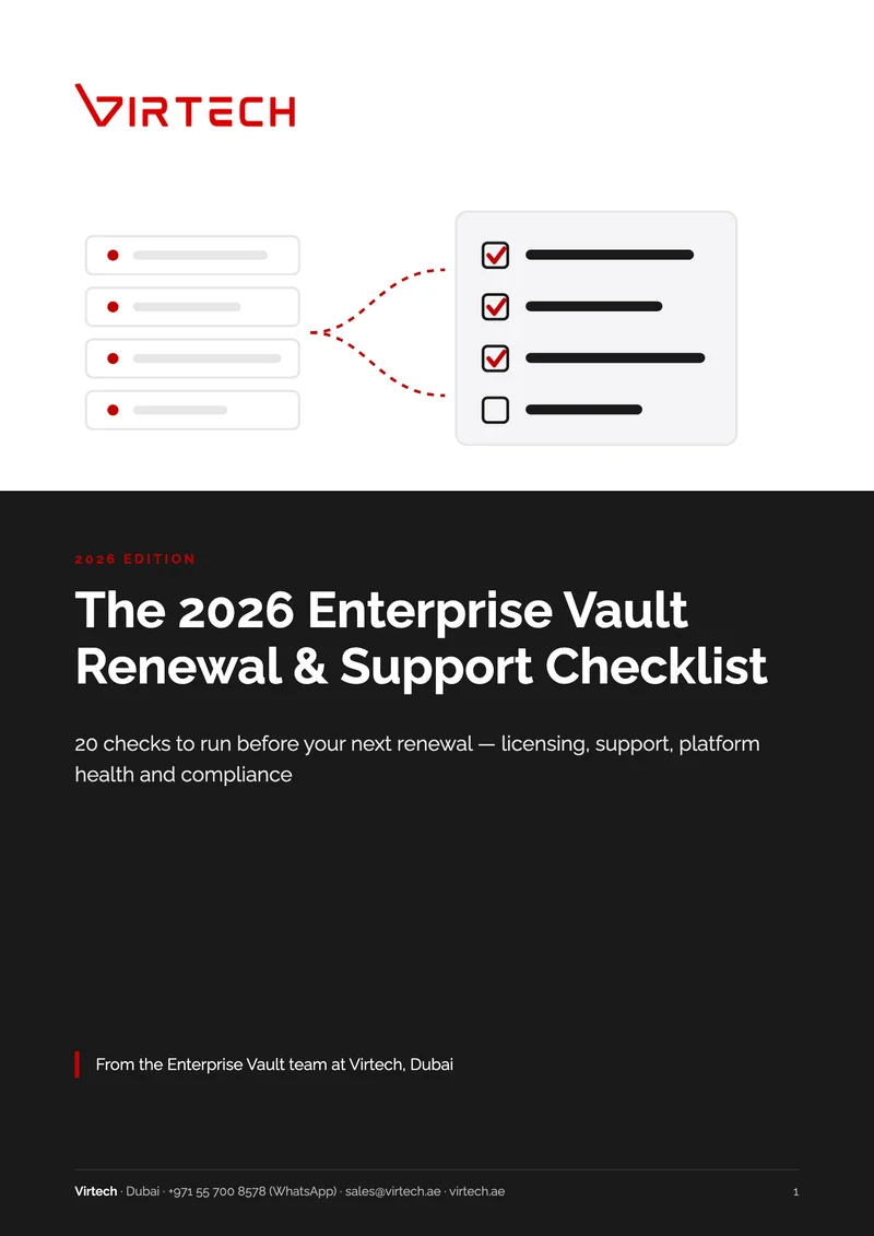 Cover of the 2026 Enterprise Vault Renewal & Support Checklist from Virtech