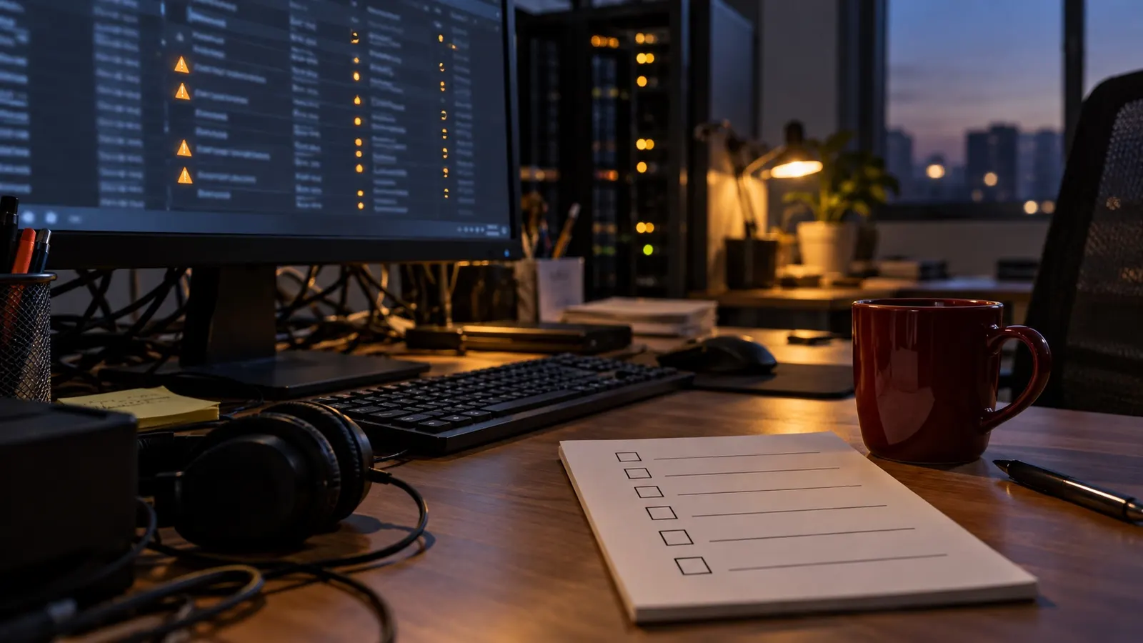 Workstation with monitors and a checklist at dusk