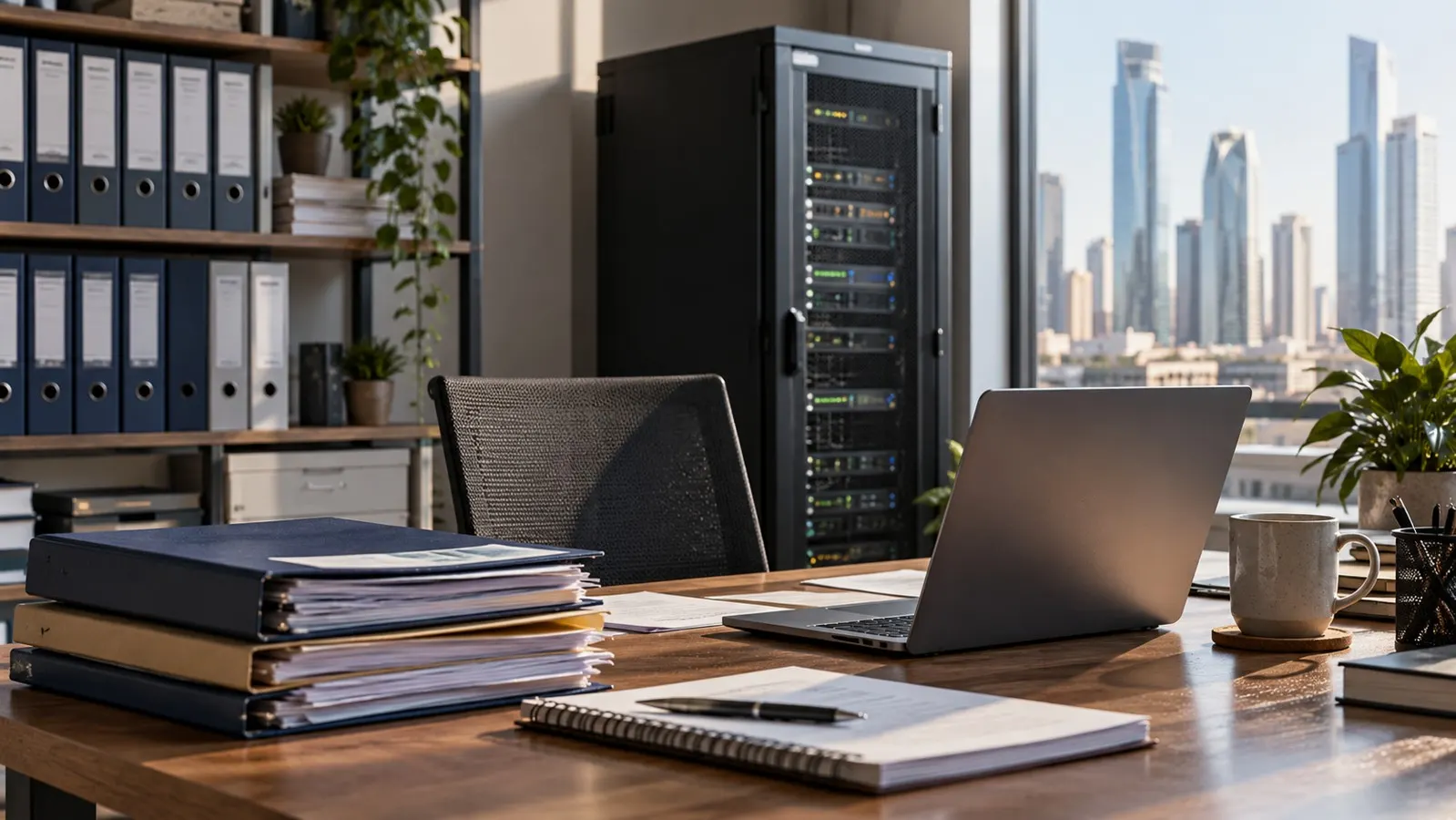 Office with a server rack, archive files and a laptop, overlooking a city skyline