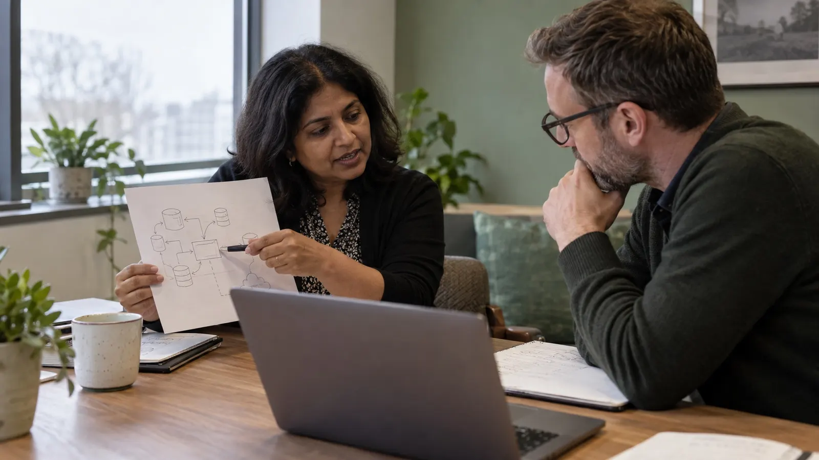 Two colleagues reviewing documents together at a laptop