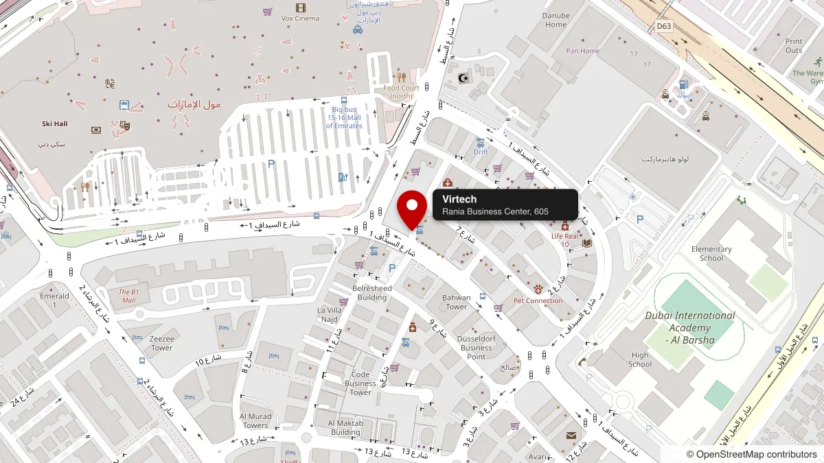 Map showing the Virtech office at Rania Business Center, Al Barsha 1, near Mall of the Emirates, Dubai
